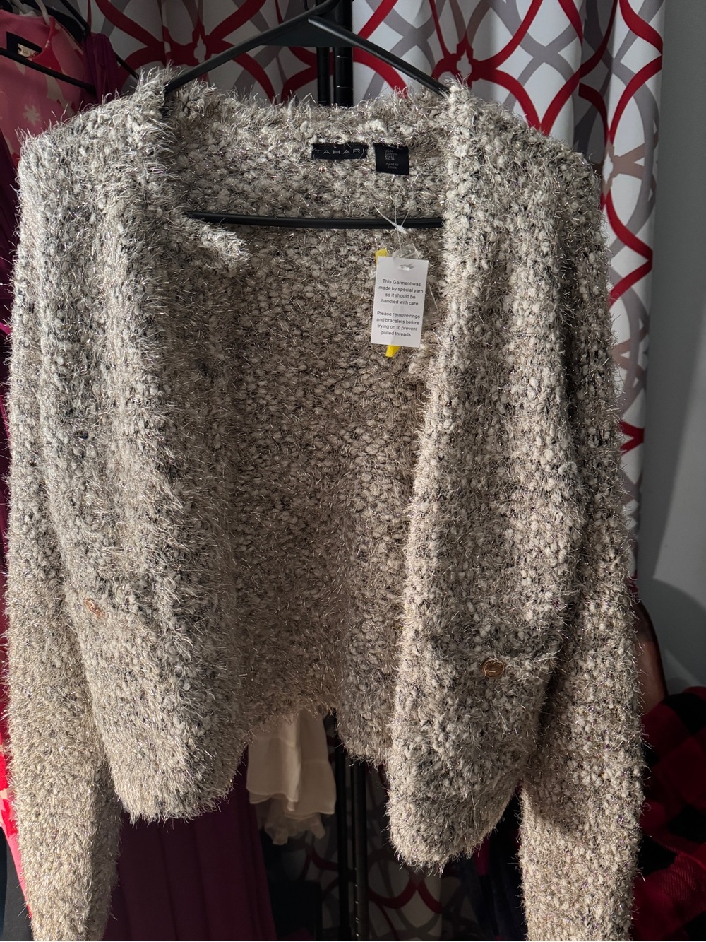 Tahari Cream Taupe Bouclé Open-Front Cardigan with Fuzzy Texture